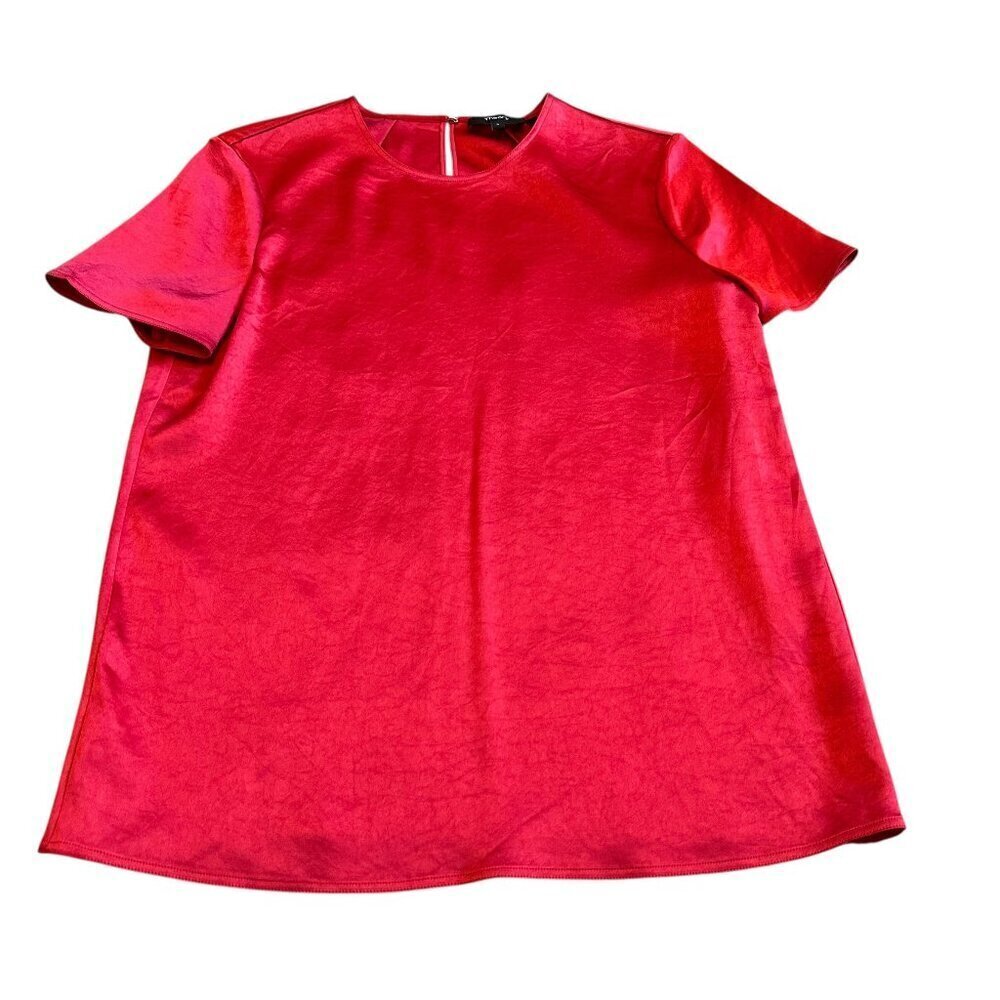 Theory Bold Red Satin Short Sleeve Blouse Shirt Top Crew Neck Classic Size Small
